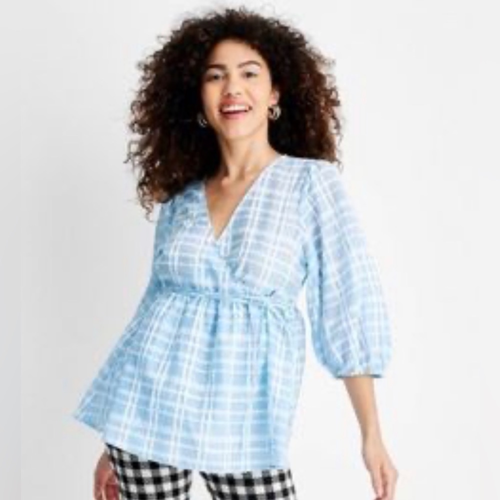 Future Collective - Wrap Semi Sheer V Neck Blouse Balloon 3/4 Sleeves Me…